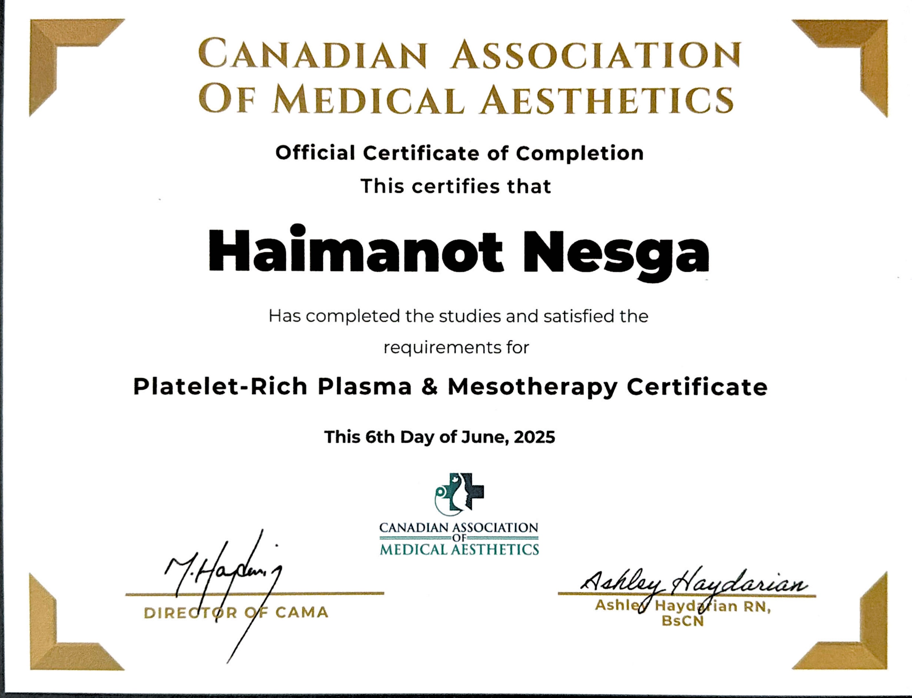 Platelet-Rich Plasma & Mesotherapy — issued by Canadian Association of Medical Aesthetics